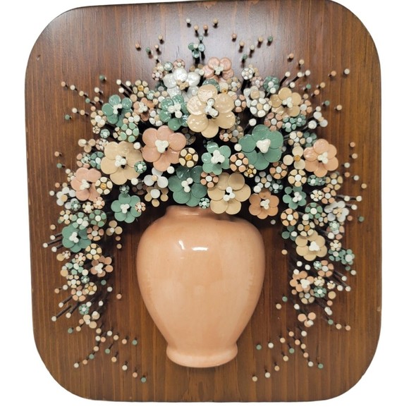 Vintage 70's Retro Hammered Nail Art Wooden Plaque Floral Bouquet Wall Decor 3D - Picture 6 of 6